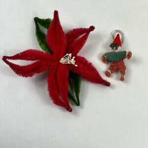 Vtg Mid‑Century Chenille Pipe Cleaner Poinsettia Elf Figurine Set Christmas